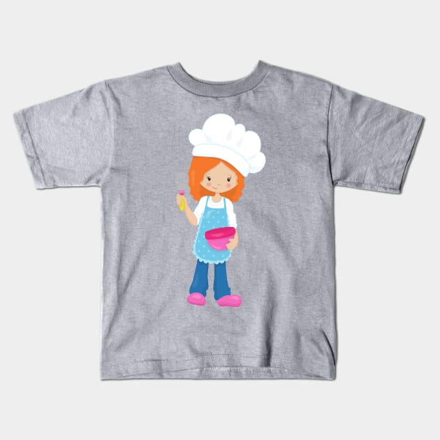 Baking, Baker, Pastry Chef, Cute Girl, Orange Hair Kids T-Shirt by Jelena Dunčević